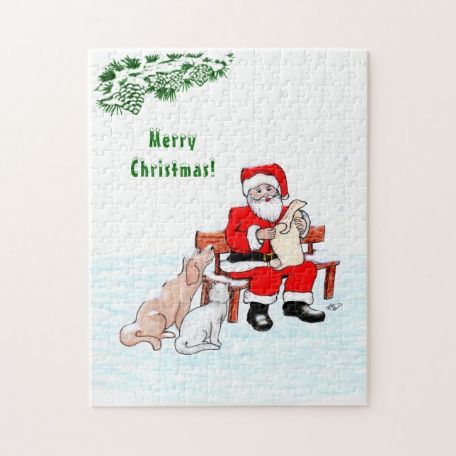 Puzzle Joyeux Noël! Père Noël avec chat et chien (Vertical)