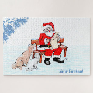 Puzzle Joyeux Noël - Père Noël avec chat et chien