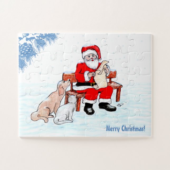 Puzzle Joyeux Noël - Père Noël avec chat et chien (Horizontal)