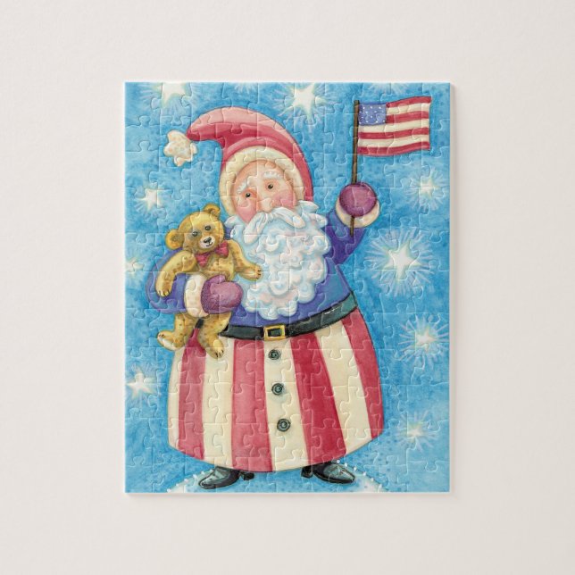 Puzzle Joyeux Noël, Père Noël patriotique avec drapeau (Vertical)