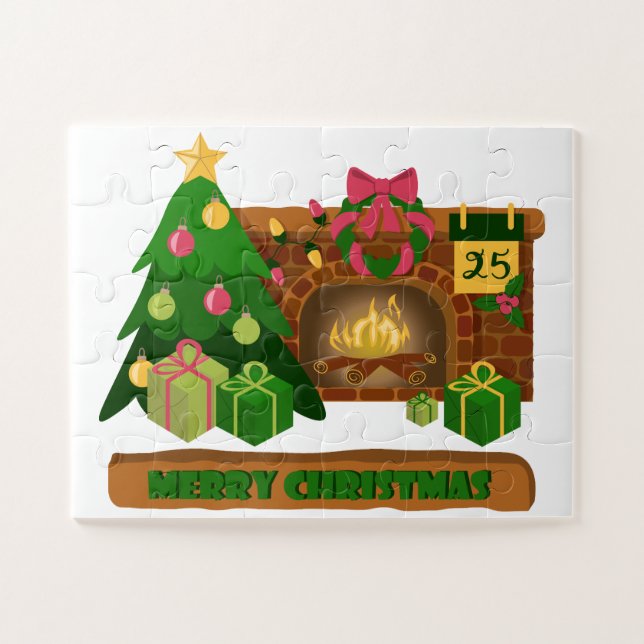 Puzzle Joyeux Noël près de la cheminée bonfire xmas arbre (Horizontal)