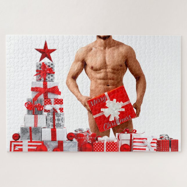 Puzzle Joyeux Noël SlipperyJoe rouge blanc argent cadeau (Horizontal)