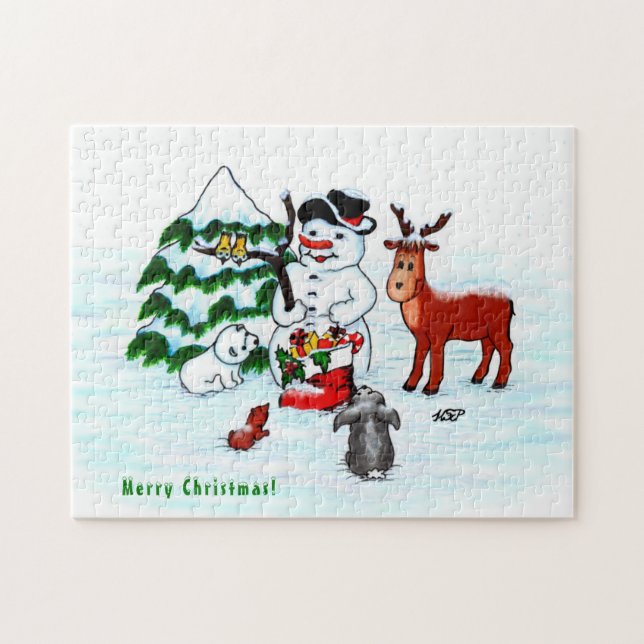 Puzzle Joyeux Noël ! Snowman avec amis (Horizontal)