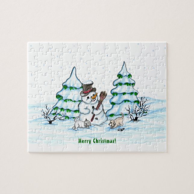 Puzzle Joyeux Noël ! Snowman avec chat et chiot (Horizontal)