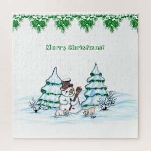 Puzzle Joyeux Noël ! Snowman avec chat et chiot