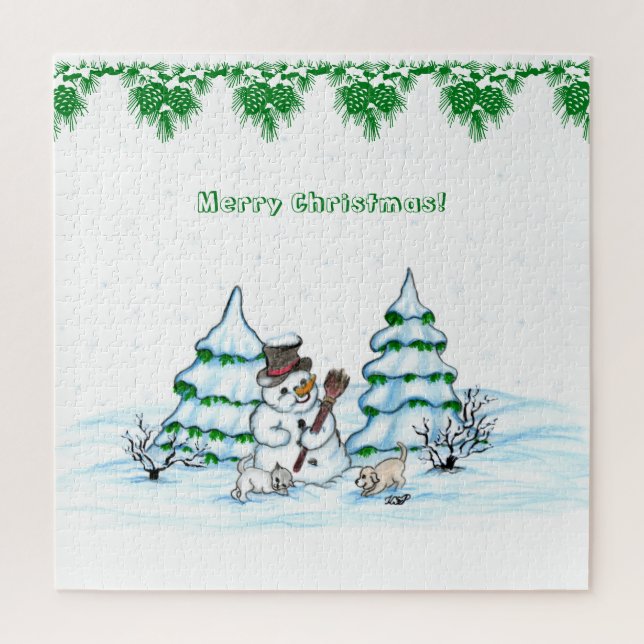 Puzzle Joyeux Noël ! Snowman avec chat et chiot (Vertical)