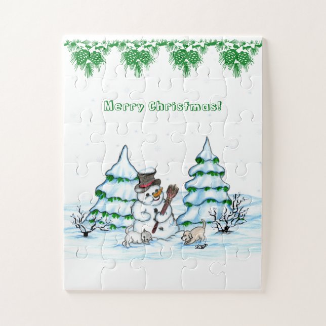 Puzzle Joyeux Noël ! Snowman avec chat et chiot (Vertical)