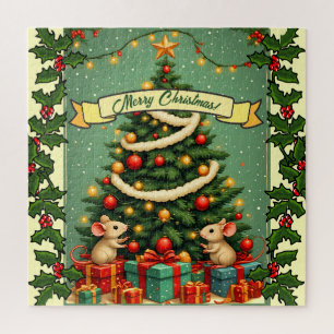 Puzzle Joyeux Noël victorien Souris Rouges Vertes Houx 