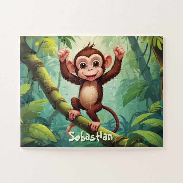 Puzzle Joyeux Singe Mignonne Dans La Jungle Personnalisé (Horizontal)