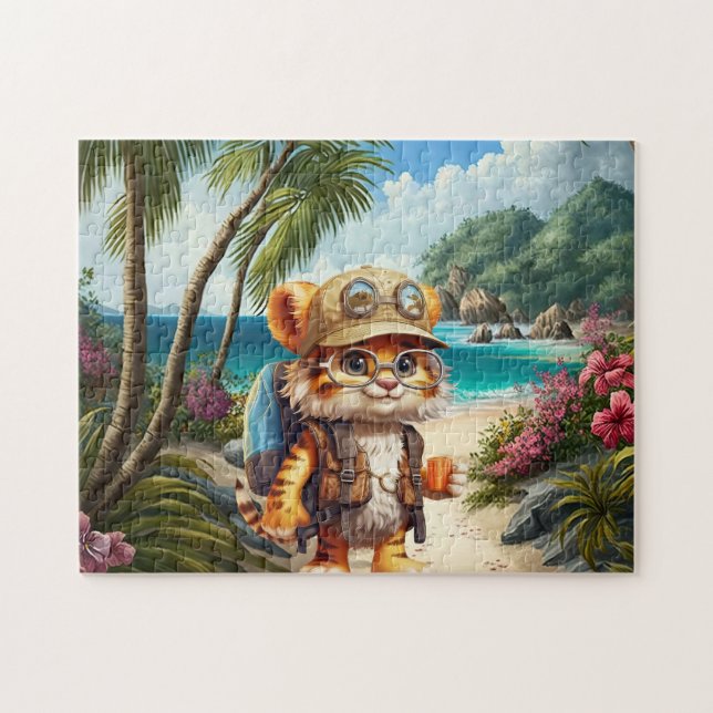 Puzzle Joyeux Tiger Cub avec sac à dos et café (Horizontal)