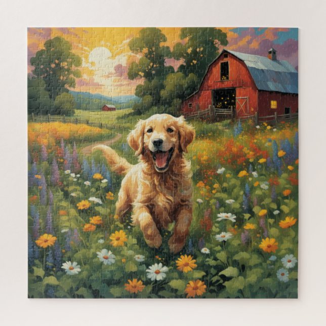Puzzle Joyful Golden Retriever frolicking sur le ranch (Vertical)