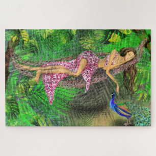 Puzzle Jungle Girl and Peacock - Art Drawing Imaginaire