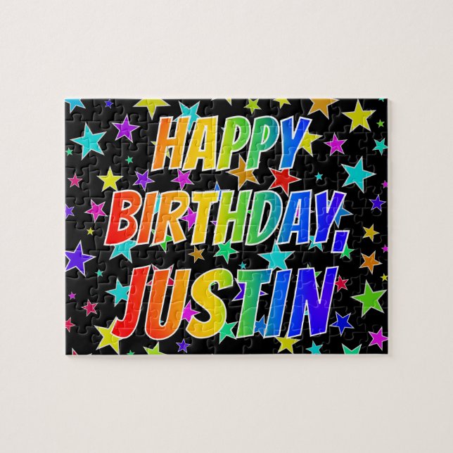 Puzzle "JUSTIN" Prénom, Amusant "HEUREUX ANNIVERSAIRE" (Horizontal)