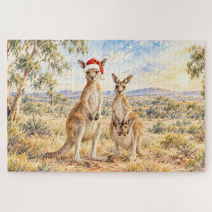 Puzzle Kangourou de Noël portant un chapeau de Père Noël 