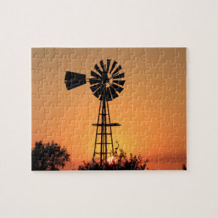 Puzzle Kansas Sunset with farm Windmill silhouette