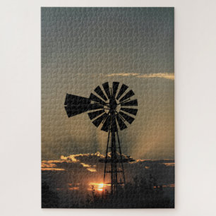 Puzzle Kansas Windmill Sunset With Sun Rays