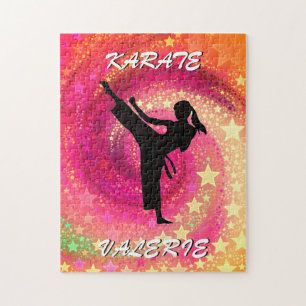 Puzzle Karate Girl Kick Stars and Swirls Retro