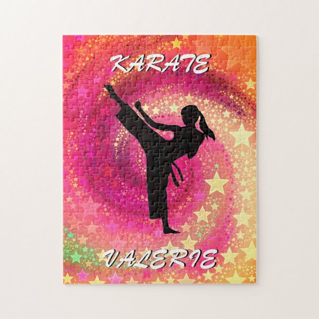 Puzzle Karate Girl Kick Stars and Swirls Retro (Vertical)