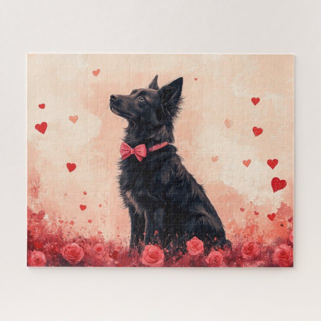 Puzzle Kelpie australien avec des roses - Saint-Valentin (Horizontal)