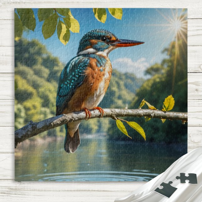 Puzzle Kingfisher Majestic, Oiseau sauvage par rivière da (A jigsaw puzzle with picture of a majestic kingfisher sitting on a branch by the river)
