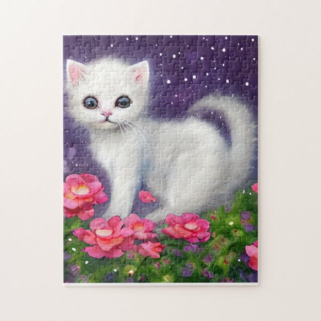 Puzzle Kitten blanc entouré de fleurs (Vertical)