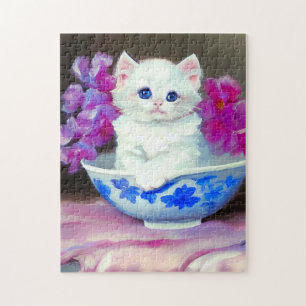 Puzzle Kitten blanc vintage aux fleurs roses