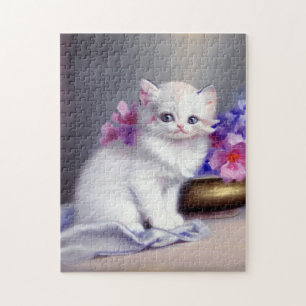Puzzle Kitten blanc vintage aux fleurs roses et violettes