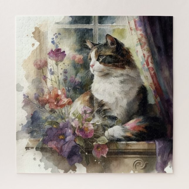 Puzzle Kitten Cat Purple Flowers Window Sunlight  (Vertical)