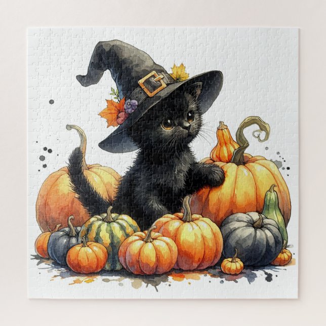 Puzzle Kitten d'Halloween noir avec Citrouilles et Casque (Vertical)