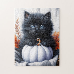 Puzzle Kitten noir avec Halloween Citrouille blanc