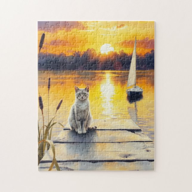 Puzzle kitten on the dock at sunset (Vertical)