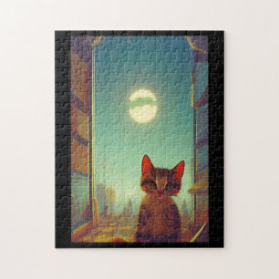 Puzzle Kitts avec grands yeux pleine lune fissure ombre