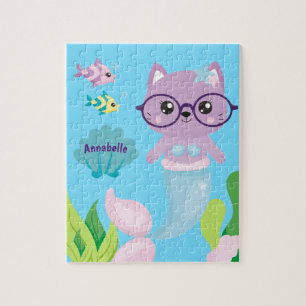 Puzzle Kitty Cat Mermaid and Fish Friends Personalized