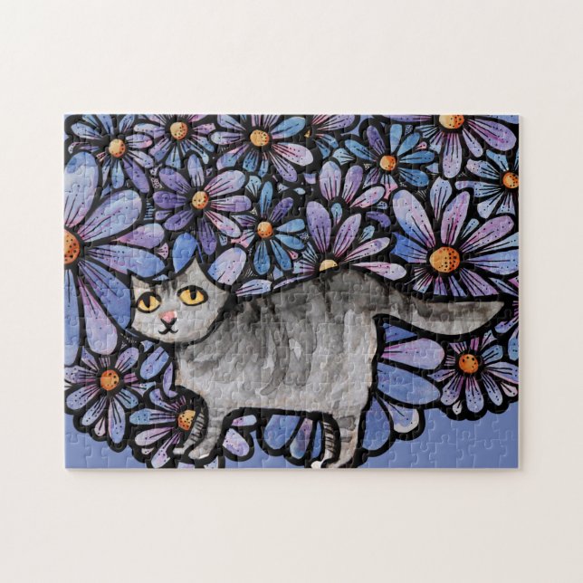 Puzzle Kitty Chat Purple Daisées Gris Chat Art Gris Chats (Horizontal)