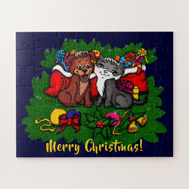 Puzzle Kitty et chiot, Happy XMas (Horizontal)