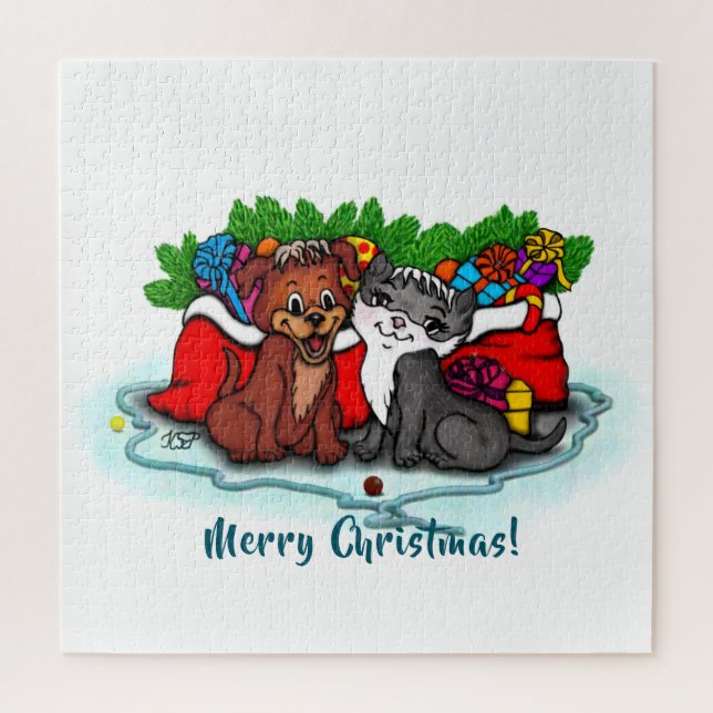 Puzzle Kitty et chiot, Happy XMas (Vertical)