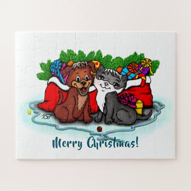Puzzle Kitty et chiot, Happy XMas (Horizontal)