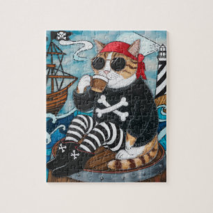 Puzzle Kitty Pirate en pull noir flou avec un café