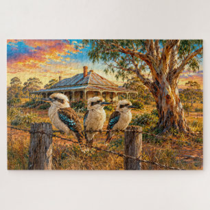 Puzzle Kookaburras au coucher du soleil sur une clôture d