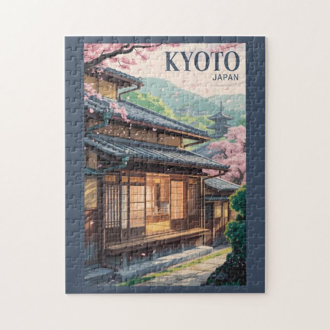 Puzzle Kyoto Japan House Illustration Travel Art Vintage (Vertical)