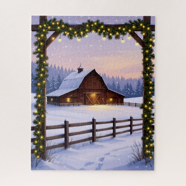 Puzzle La grange d'hiver rustique au coucher du soleil (Vertical)