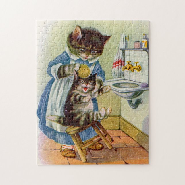 Puzzle la maman de minou des années 1930 lave son chaton (Vertical)