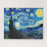Puzzle La nuit étoilée par Vincent Van Gogh<br><div class="desc">Le tableau est dominé par un ciel nocturne rempli d'étoiles et de lune. Il occupe les trois quarts de l'image et semble turbulent, voire agité, avec des motifs intensément tourbillonnants qui semblent rouler à travers sa surface comme des vagues. Il est tapissé d'orbes brillantes, dont la lune du croissant à...</div>