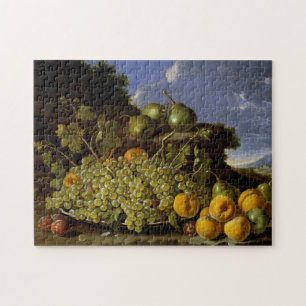 Puzzle La vie toujours avec le plat des raisins, pêches,