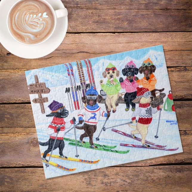 Puzzle Laboratoires de ski nordique peinture (Nordic Skiing Labradors Painting Jigsaw Puzzle featuring Labradors in action.  Enjoying skiing.)