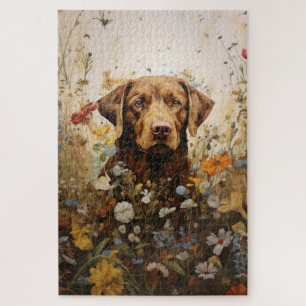 Puzzle Labrador chocolat et fleurs sauvages