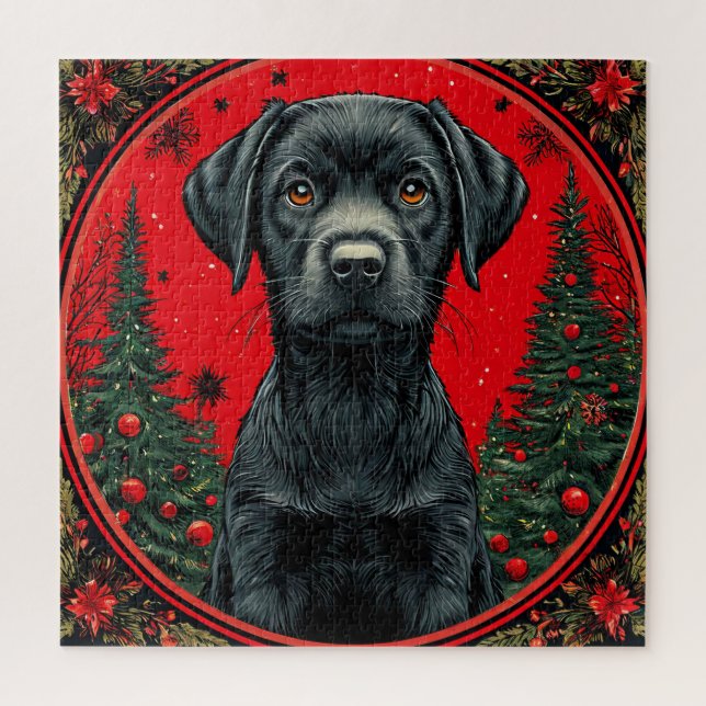 Puzzle Labrador noir de Noël avec des arbres de fête (Vertical)