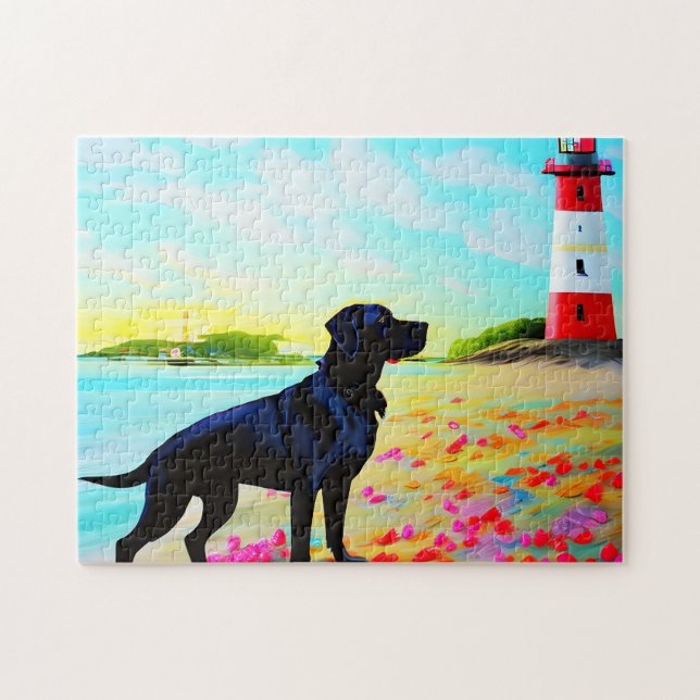 Puzzle Labrador noir debout sur une plage (Horizontal)