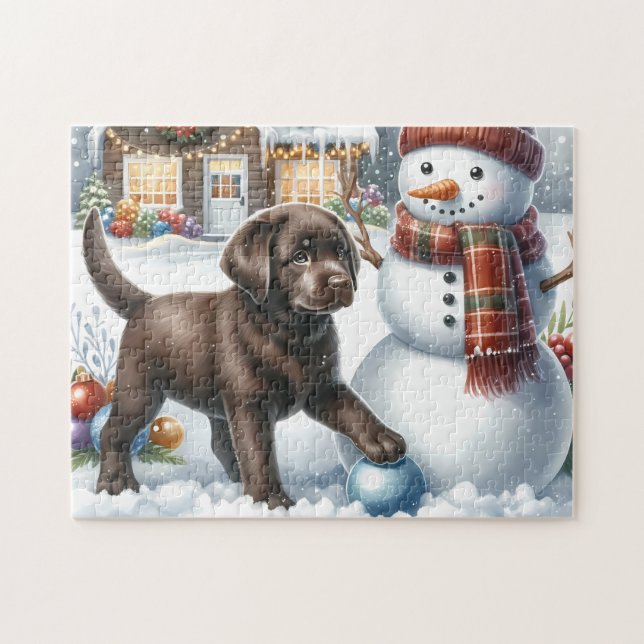 Puzzle Labrador Retriever Puppy Snowman Christmas Chien (Horizontal)