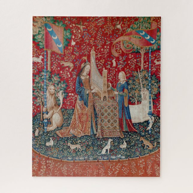 Puzzle Lady and Unicorn Medieval Tapestry Hearing (Vertical)